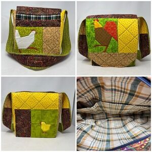 Handmade Quilted Patchwork Chicken Shoulder Bag Cotton Tote Cottage Farmhouse